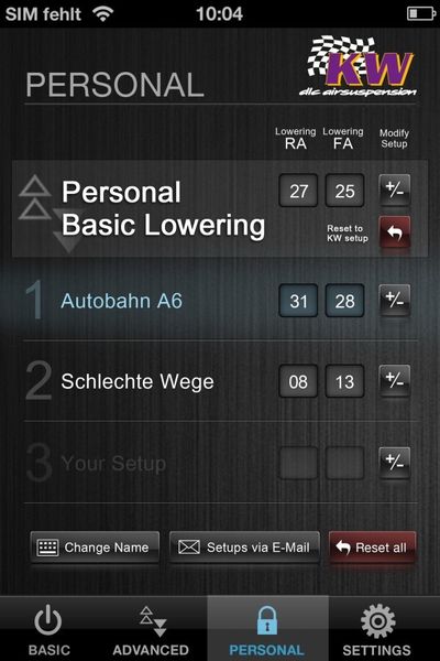 Über die KW DLC App können auch verschiedene Tieferlegungsniveaus für Fahrten auf der Autobahn oder Schlechtwegestrecken hinterlegt und sogar per E-Mail geteilt werden (KW automotive)