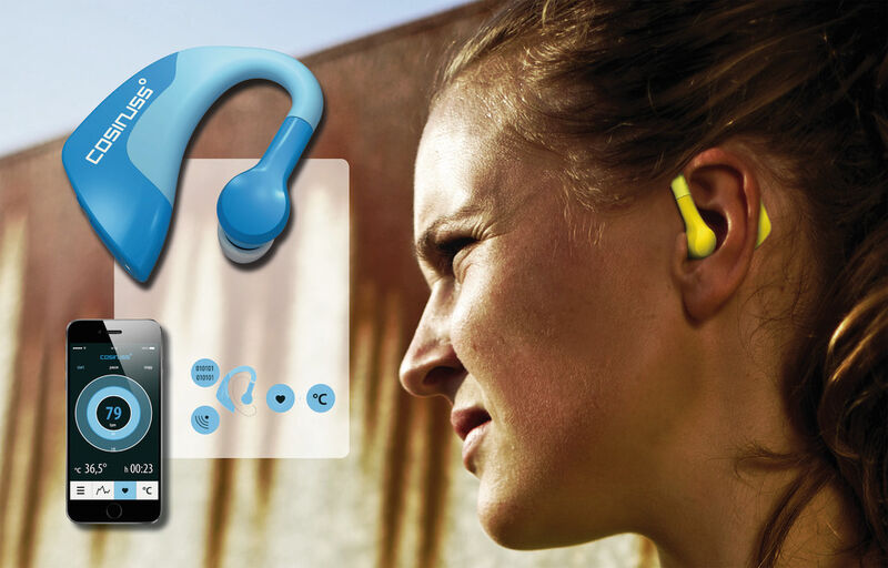 Mobile Sensorplattform: Vitalparameter wie Pulsfrequenz, Herzratenvariabilität, Körpertemperatur und Sauerstoffsättigung lassen sich im äußeren Gehörgang des Ohres messen. Anschließend können die Messwerte auf ein Smartphone übertragen werden.