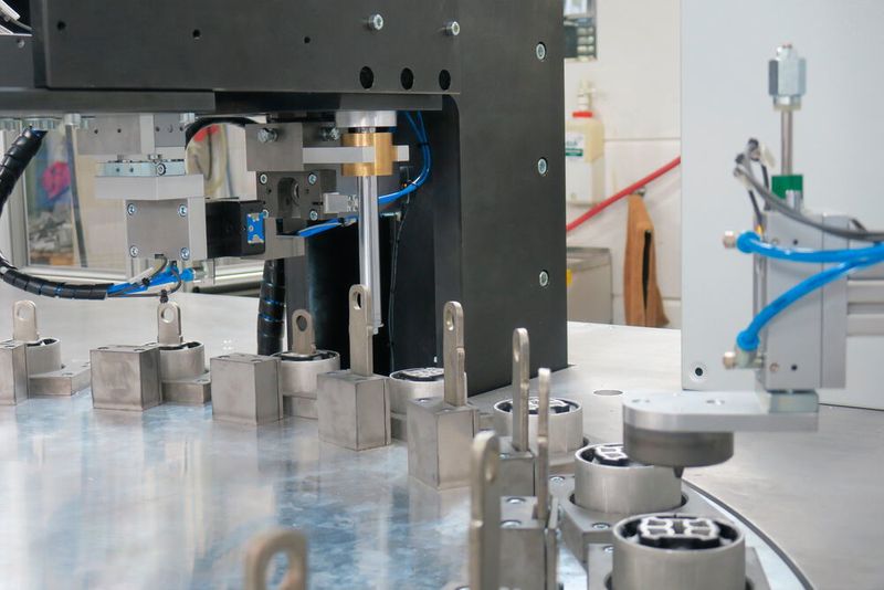 Blick bei der Montage auf das kombinierte Greif- und Einpresswerkzeug. Es verkürzt sonst unproduktive Nebenzeiten. (Tox Pressotechnik)