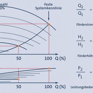 Das Affinitätsgesetz zeigt den Zusammenhang zwischen Drehzahl, Förderstrom, Förderhöhe und Leistungsbedarf: Bei einer Reduzierung der Drehzahl um 50% sinkt die benötigte Energiemenge von 100% auf nur 12,5%. (Quelle: Grundfos)