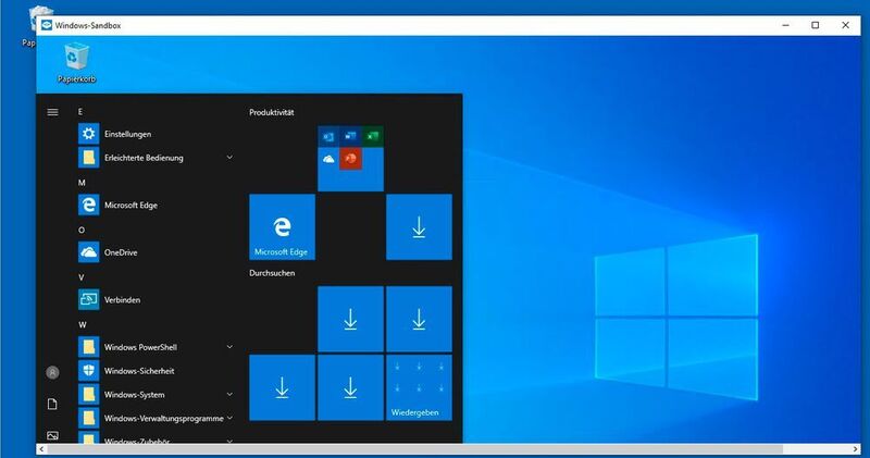 Die Windows-Sandbox verfügt über Startmenü und Taskleiste sowie einen Desktop. (Joos)