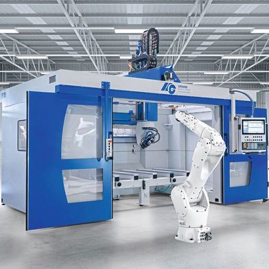 5-Achs-CNC-Gantry-Fräsmaschine GSF mit Roboter-Bestückung. (Bild: HG Grimme SysTech)