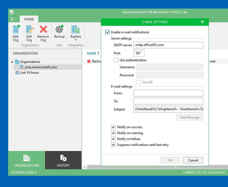 In den E-Mail-Einstellungen lässt sich festlegen, dass Veeam Backup für Microsoft Office 365 E-Mails an Administratoren versenden soll, wenn ein Job fertig ist, oder Probleme hat. In den E-Mail-Optionen lässt sich genau festlegen, wie Veeam Backup für Microsoft Office 365 dabei vorgehen soll. (Thomas Joos)