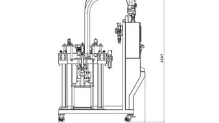 Dosiermaschine Sonderhoff DM80 Static Mix in frontaler und seitlicher Ansicht, 
mit den Abmessung (B/T/H) 1200 x 1438 x 2267 mm. (Bild: Henkel)