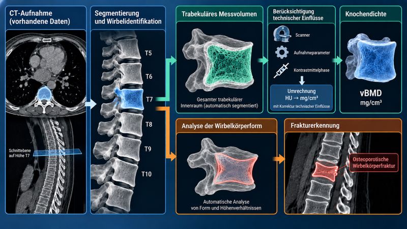 So funktioniert opportunistisches Screening. Die Software grenzt die Wirbelkörper in vorhandenen CT-Daten ab, bestimmt ihre Knochendichte und markiert Frakturen. Schematische Darstellung.(Bild:  Eigene Darstellung nach Bonescreen, Raffler et al. und Riedel et al. [4,6,7]; KI-generiert.)