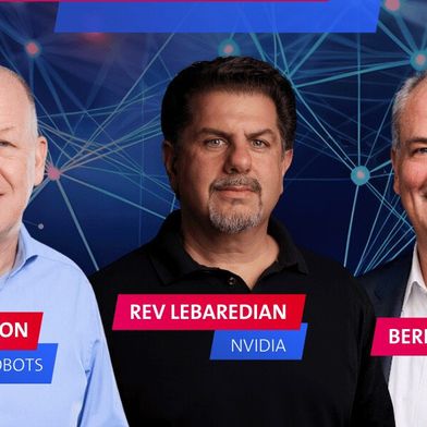 Auf der Center Stage werden Zukunftsthemen der industriellen Produktion besprochen. Mit dabei sind unter anderem Rory Sexton von Agile Robots, Rev Lebaredian von Nvidia und Bernd Wagner von Stackit.  (Bild: Deutsche Messe)