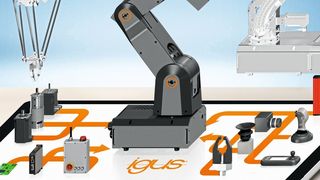 Auf der Hannover Messe 2019 zeigt Igus ein Marktplatzmodell, das den unterschiedlichsten Anwendern online dabei helfen soll, die für sie individuell passende Automatisierungslösung schnell zu finden und zu konfigurieren oder zu bauen. Das „Rohboter“-Grundgerüst ist unter anderem ein Gelenkarm aus Kunststoff mit der Bezeichnung Robolink DC. (Igus)