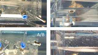 Was hier aussieht wie futuristische Aquarientechnik, sind Versuchsanordnungen am Institut für Textiltechnik und Lehrstuhl für Textilmaschinenbau (ITA) der RWTH Aachen University, mit denen die Anwendungsmöglichkeiten eines neuartigen Waschkonzepts für nassgesponnene Chemiefasern ausgelotet werden. (Bild: ITA)