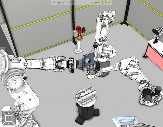 Die OLP‑Simulation veranschaulicht die Offline‑Programmierung für vorrichtungsloses Schweißen in einer Roboterzelle.(Bild:  Visual Components & Dualis)