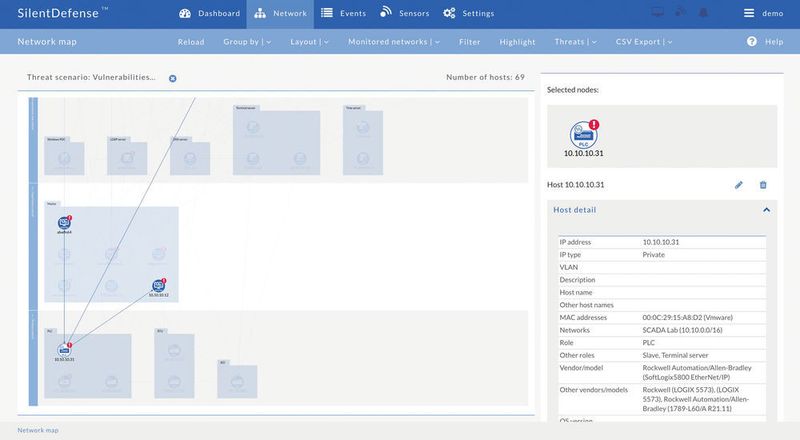 Netzwerkknoten und deren Kommunikationsverbindungen werden auf einer interaktiven Netzwerkkarte dargestellt sowie mögliche Bedrohungen und Fehlkonfigurationen markiert. (Security Matters)