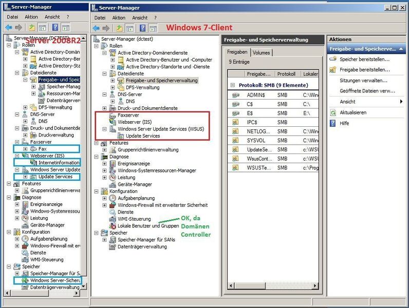 Abbildung 3: Vergleich zwischen den Server-Manager. Links ist der Server-Manager auf dem Windows Server 2008R2 und rechts der Server-Manager aus den Verwaltungstools zu sehen. (Archiv: Vogel Business Media)