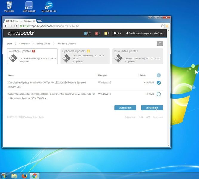 Der Blick vom Window-7-System auf den neuen Windows-10-Rechner: Dadurch, dass Syspectr auf jeder Plattform mit dem Browser zusammenarbeitet, kann der Systemverwalter sehr flexibel seine Rechner überwachen und betreuen. (Bild: Schlede/Bär)