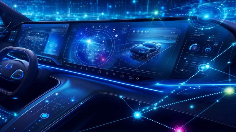 Eine neue Technik von Marelli und Microchip überträgt Grafik- und Videoinhalte vom zentralen Fahrzeugrechner direkt an Fahrzeugdisplays.(Bild:  Marelli / KI-generiert)