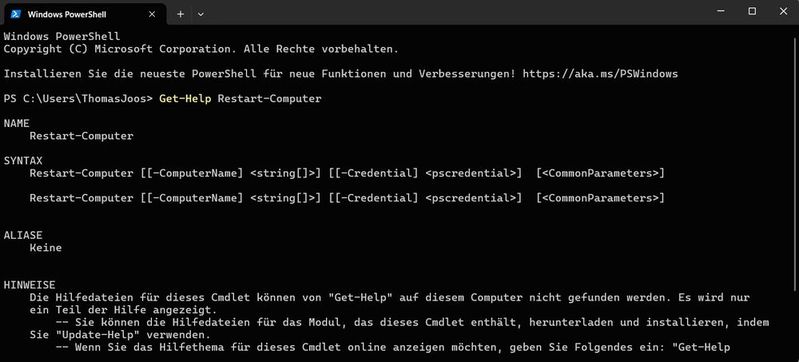 Mithilfe der Powershell lassen sich Computer und Server herunterfahren oder neu starten.(Bild:  Thomas Joos)