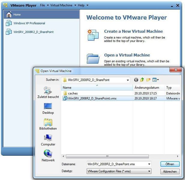 Abbildung 25: Über die Startseite können bestehende virtuelle Maschinen einfach integriert werden. Beim ersten Start der neuen Maschine müssen u.U. die VMware-Tools aktualisiert werden. Wird der VMware Player in einer zweiten Sitzung erneut gestartet, können auch zwei virtuelle Maschinen parallel laufen. Fazit: Der kostenlose VMware Player 3.1 ist schöne Lösung, wenn man auf seinem PC Betriebssysteme und Anwendungen laufen lassen möchte, die so ohne weiteres nicht laufen würden. Ein zusätzliches Gerät wird ebenfalls eingespart. Durch den Unity-Modus bei Anwendungen ist auch optisch kein Unterschied mehr festzustellen. (Archiv: Vogel Business Media)