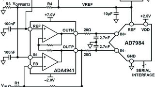 Bild 1: Wandlung massebezogener in differenzielle Signale (gleichspannungsgekoppelt) (Bild: Analog Devices)