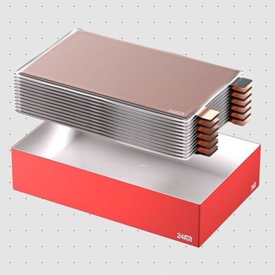 48-Volt-Variante des neuen Zelltyps von 24M. Das Unternehmen packt die Elektroden in das Batteriemodul und verzichtet auf das Gehäuse für die Zellen. (Bild: 24M ETOP)