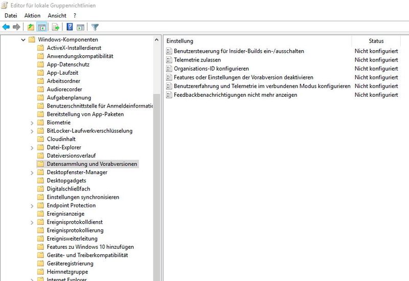 Tipp 32: Unternehmen die auf Windows 10 Enterprise setzen, können zum Beispiel die Richtlinieneinstellung „Computerkonfiguration / Richtlinien / Administrative Vorlagen / Windows-Komponenten / Datensammlung und Vorabversionen“ nutzen, um den Datenschutz zu verbessern. (Bild: Th. Joos)