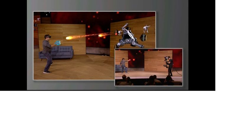 Die Hololense wurde mit einer beeindruckenden Spiele-Demo präsentiert. Allerdings wird die Augmented-Reality-Brille zunächst nur als 3.000-Dollar-Entwicklerkit angeboten. (Bild: Microsoft)