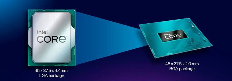 Das BGA-Gehäuse der Modelle wird  auf das Notebook-Mainboard aufgelötet. Es ist flacher als  das der Desktop-CPUs für den Sockel-1700. (Intel)