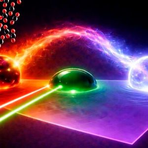 Heat is transferred from a particle undergoing an exothermic reaction (red) to a particle undergoing an endothermic reaction (blue). A thermal probe excites a particle with infrared light, and the particle emits green light, providing a more accurate form of temperature measurement for the surfaces of catalysts than researchers were previously able to achieve.(Source:  Sinhara M. H. D. Perera)