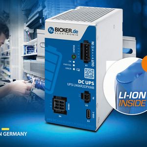 DC-Notstromversorgungslösung Bicker UPSI-2406R2DP1MB (24 VDC / 4 A / 96 W) mit integriertem Li-Ion-Batteriepack und USB-C- / RS485-Modbus-Schnittstellen.(Bild:  Bicker)