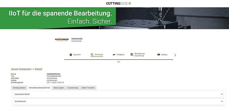 Auf seiner Cloud-Plattform CEW stellt Hufschmied die Endmaße und einen digitalen Zwilling jedes ausgelieferten Werkzeugs bereit. (Bild: Hufschmied Zerspanungssysteme)