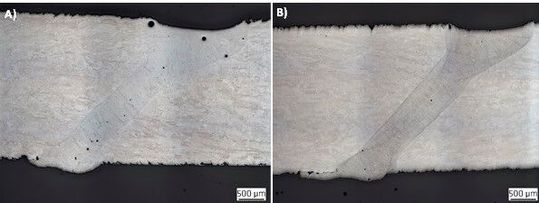 Durch Anpassung der Streckenergie können Poren vermieden werden: A) Eine Schweißnaht, erzeugt mit Standardparametern. B) Optimiert man die Parameter, ensteht eine Schweißnaht mit deutlich weniger Poren.(Bild:  Fraunhofer IPK)