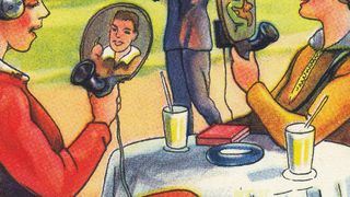 Mobiltelefone mit Bildschirm: Diese Vorläufer heutiger Smartphones zeigt ein Sammelbild des Margarineherstellers Wagner von 1930.  (Bild: Echte Wagner, retro-futurismus.de)