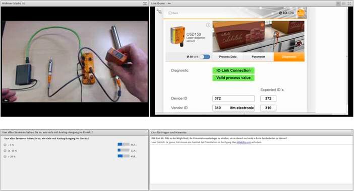 Beispiel für eine Webinar-Übertragung: zwei Video-Fenster (einmal Produkt-Demonstration, einmal Präsentation), links unten Umfrage-Fenster und rechts unten das Chat-Fenster. 