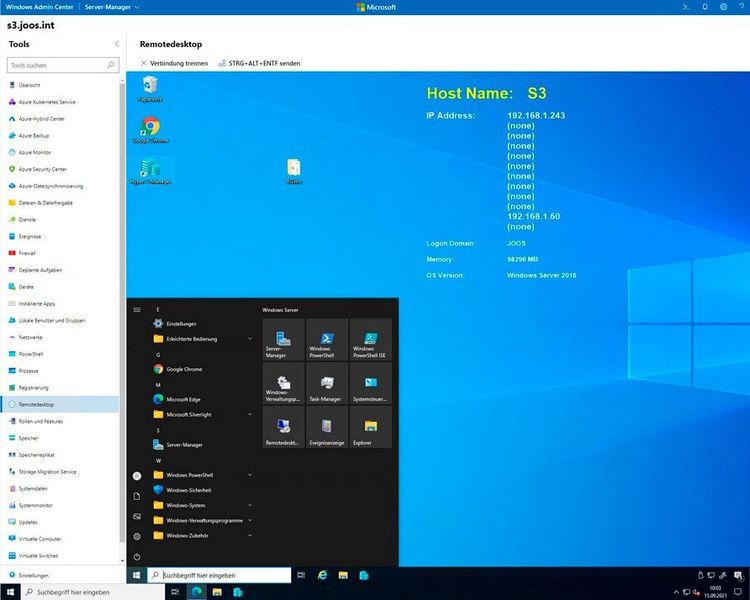 Verwalten von Servern mit dem Remotedesktop im Windows Admin Center. Auch das geht mit Windows Server 2022 Essentials. (Microsoft / Joos)