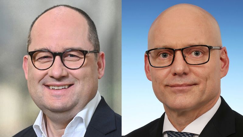 Lars Krause (l.) wird Vorstand für Vertrieb und Marketing, Michael Obrowski übernimmt das Ressort Finanz und IT bei VW Nutzfahrzeuge.(Bild:  Volkswagen Nutzfahrzeuge)