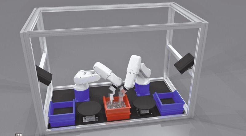 Bild 3: Planung einer optischen Qualitätskontrolle von Bauteilen, die per Sensor erkannt, von Robotern zugeführt werden. (Bild: Verfasser)