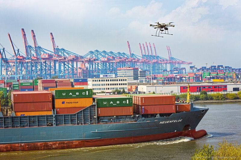 Drohne über einem Containerschiff im Hamburger Hafen. Abseits von der Logistik sind es Anwendungen wie Inspektion, Vermessung und allgemeine Informationserfassung, bei denen sich Drohnen bereits erfolgreich bewähren.  (Bild: HHLA / Th. Indra)