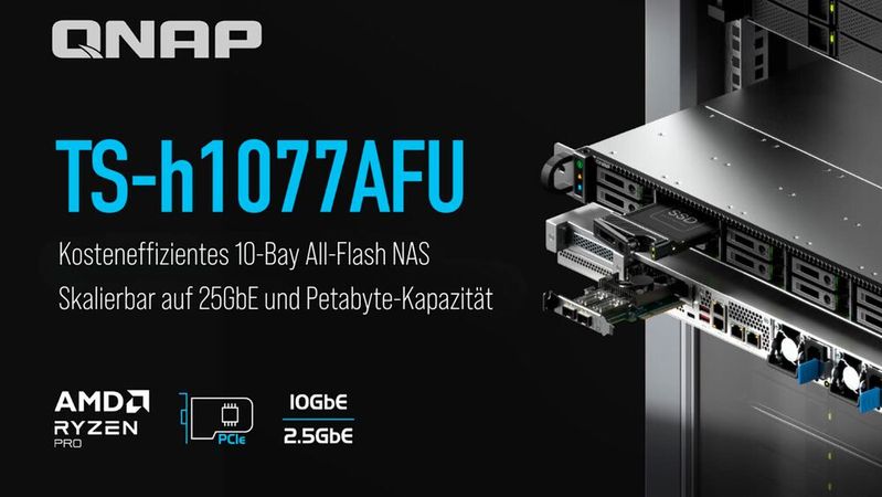 Das Device „QNAP TS-h1077AFU“ ist ein 10-Bay-All-Flash-NAS mit „AMD Ryzen Pro“ und „ZFS“ im 1U-Format.(Bild:  QNAP)