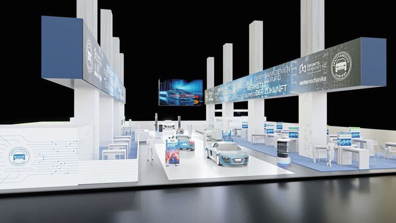 So soll der große Gemeinschaftsstand Sonderschau auf der Automechanika aussehen. Neben einer Werkstatt gibt es Platz für Aussteller und den Branchentreff. (Bild:  Grafik: Promotor)