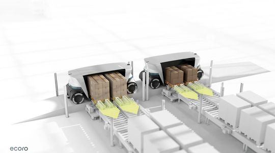 An Terminals, den Schnittstellen von Extra- und Intralogistik, werden die AGV von Ecoro automatisiert be- und entladen. Im Betonmodul fahren die AGV frei und kommunizieren dabei mit der übergeordneten Software. An Terminals, den Schnittstellen von Extra- und Intralogistik, werden die AGV von Ecoro automatisiert be- und entladen. Im Betonmodul fahren die AGV frei und kommunizieren dabei mit der übergeordneten Software.