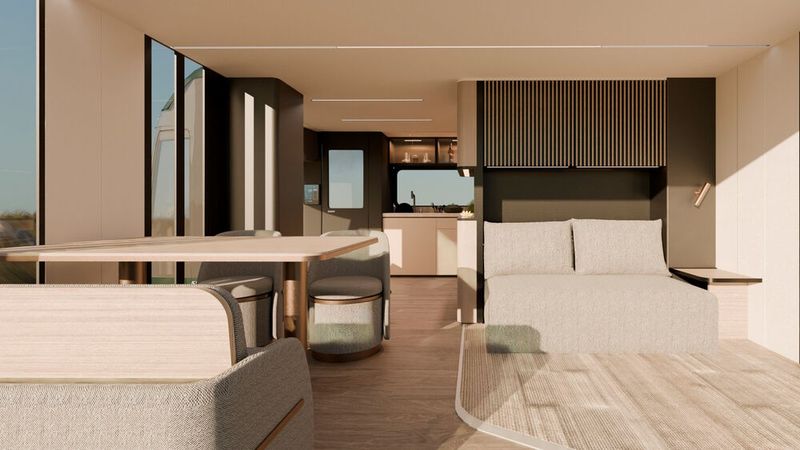 Das Wohnzimmer bietet unter anderem eine Schlafcouch. (Bild: Pininfarina)