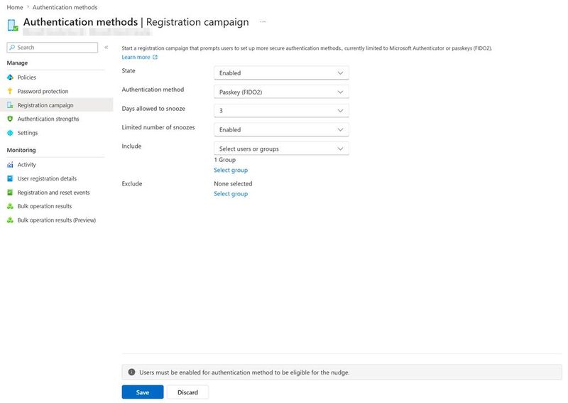 Die Registrierungskampagne im Zustand „Enabled“ fordert eine Gruppe zur Einrichtung eines Passkeys auf und begrenzt die Zahl der Aufschübe. (Bild: Thomas Joos)