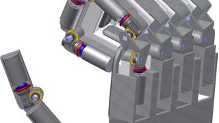 Zwei hintereinander geschaltete hochuntersetzende Getriebe wandeln in einer Roboterhand die Drehbewegung des Elektromotors in eine verstärkte Drehbewegung des Gelenks um. (Bild: Maul Konstruktionen)
