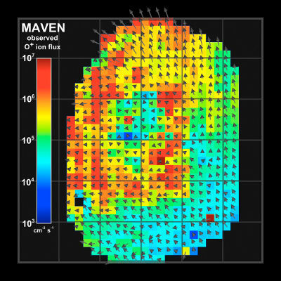 Sauerstoff-Ionen-Flux: Die von MAVEN beobachtete Veränderung der Ionenverteilung in der Marsatmosphäre, ohne Einblendung des Planeten. (Bild: NASA/GSFC)