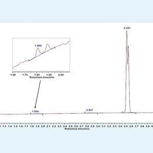 Abb. 2: UV-Spur einer LC-HR-MS-Untersuchung des Wirkstoffs. Die Nebenkomponente (zwei Isomere) bei 1,86 min muss aufgeklärt werden.