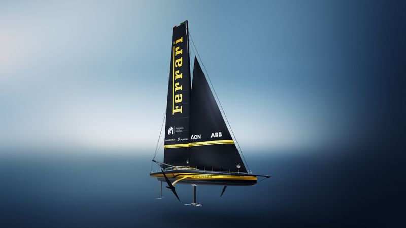 The Ferrari Hypersail is a 100-foot monohull wing-in-plane yacht powered entirely by renewable energy.(Source:  ABB / Ferrari Hypersail)