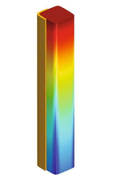 Wassergekühlte Kupferkokillen sind das Herzstück jeder Strangiessanlage. Das Simulationsbild zeigt die erste Erstarrung und Ausbildung einer Schale in der Kokille. (Bild: SMS Concast)