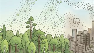 Warum sind die Wachstumsraten atmosphärischer Nanopartikel unter sehr unterschiedlichen Umgebungsbedingungen trotzdem ziemlich einheitlich? Und warum zeigt sich dabei nur eine geringe Abhängigkeit von Temperatur und organischer Dampfkonzentration? Eine neue Studie bringt Antworten. (Bild: Particle growth everywhere_NanoBanana / KI-generiert)