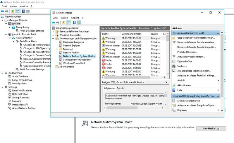 Alle Aktionen und Fehler, die Netwrix Auditor durchführt, werden in der Ereignisanzeige auf dem Server angezeigt. Dieses wird im Netwrix Auditor Administrator Console über die Schaltfläche „View Health Log“. Alternativ steht das Protokoll natürlich auch in der herkömmlichen Ereignisanzeige im Bereich „Anwendungs- und Dienstprotokolle“ zur Verfügung. Hier sind die beiden Protokolle „Netwrix Auditor“ und „Netwrix Auditor System Health“ zu finden.  (Thomas Joos)