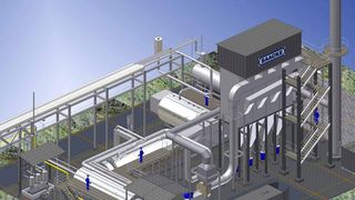 Die neue Anlage zur Prozessdampferzeugung besteht aus zwei Brennkammern, einem großen Kessel, der Staubfilteranlage und einem 30 Meter hohen Kamin. Im Juli 2013 soll der Bau des Elf-Millionen-Euro-Projekts beginnen. (Bild: Saacke)