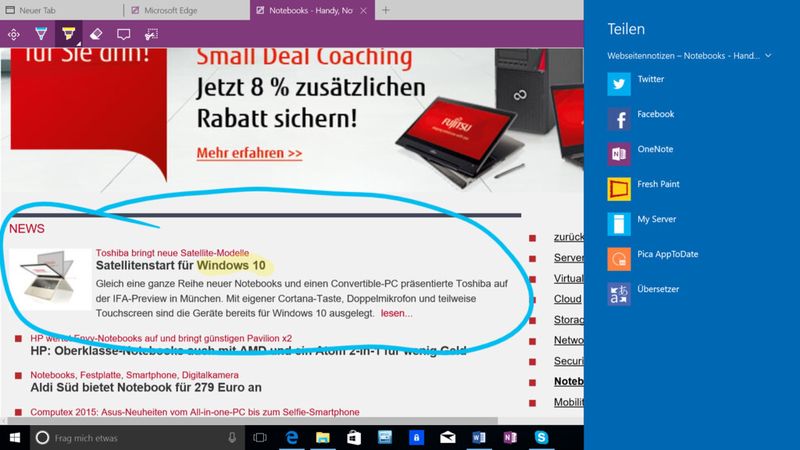 Webseiten können in Edge kommentiert und geteilt werden. Sie bleiben dabei funktionsfähig. (Bild: VIT)
