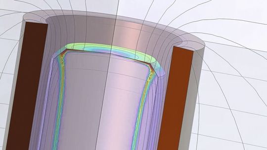 Der zylindrische Bolzen wird durch die ihn umgebende Kupferspule induktiv erwärmt.(Bild:  Comsol)