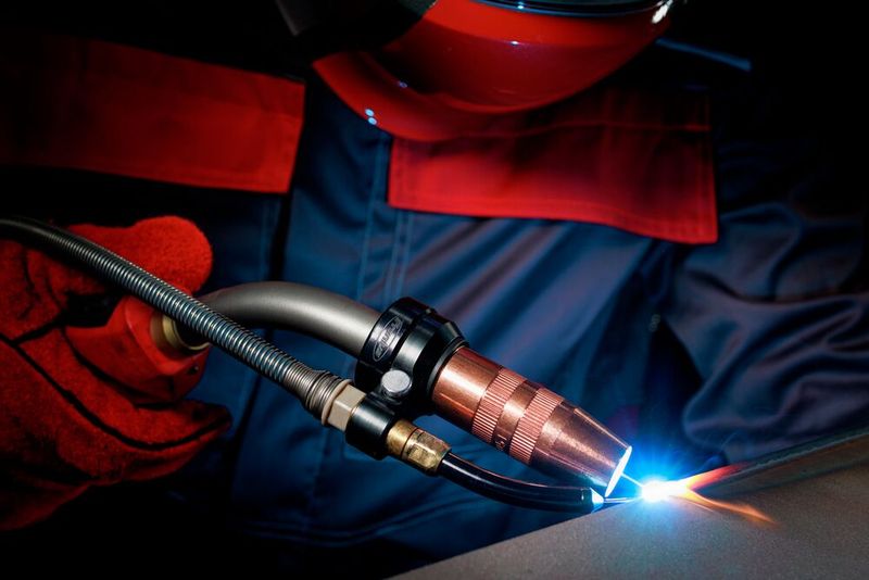 Hier sieht man die Fronius-Funktion Velo-Draht in Aktion. Der Draht schiebt den Brenner entlang der Schweißnaht, was die Schweißgeschwindigkeit konstant bleiben lässt. Auch der Abstand zwischen Kontaktrohr und Werkstück bleibe gleich. Das entlaste den Arbeiter und erhöhe die Schweißqualität. (Bild: Fronius)